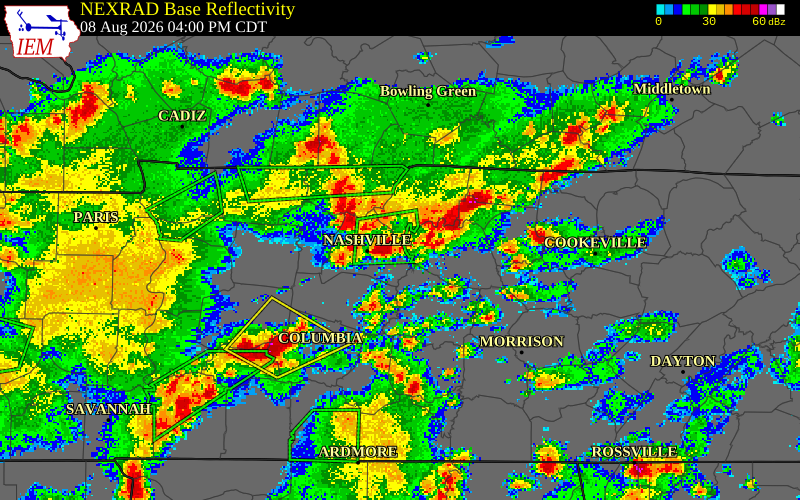 NEXRAD radar during the Saturday, August 8, 2026 storm activity in Davidson County, Tennessee