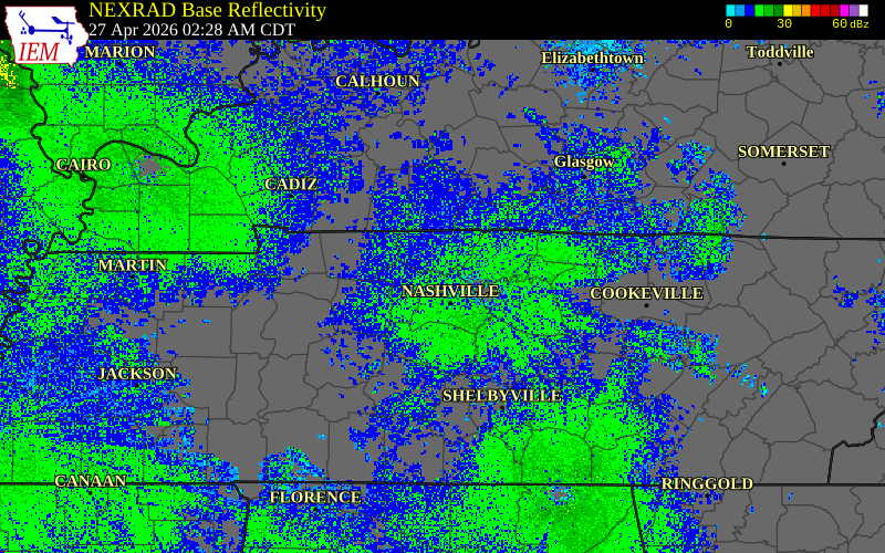 Radar snapshot during the Apr 27, 2026 tornado event near 5 SW Ridgetop, Davidson County, Tennessee, with NWS warning polygons