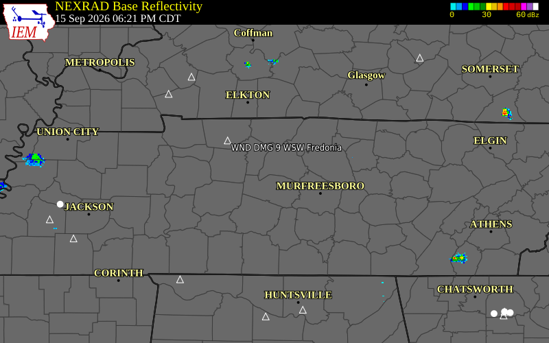 Current NEXRAD radar over Davidson County, Tennessee with recent storm report locations