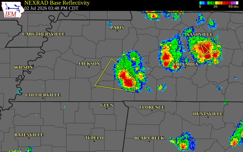 NEXRAD radar during the Thursday, July 2, 2026 storm activity in Decatur County, Tennessee