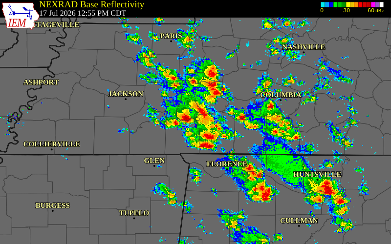 NEXRAD radar during the Friday, July 17, 2026 storm activity in Decatur County, Tennessee