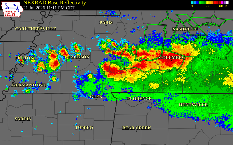 NEXRAD radar during the Tuesday, July 21, 2026 storm activity in Decatur County, Tennessee