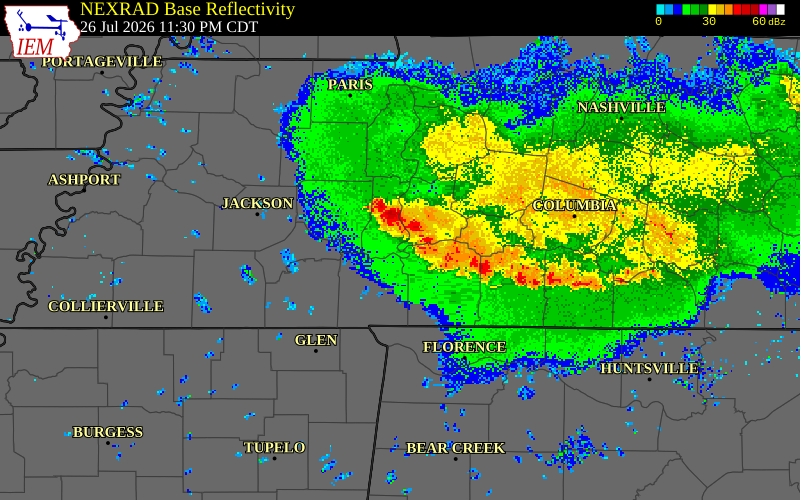 NEXRAD radar during the Sunday, July 26, 2026 storm activity in Decatur County, Tennessee