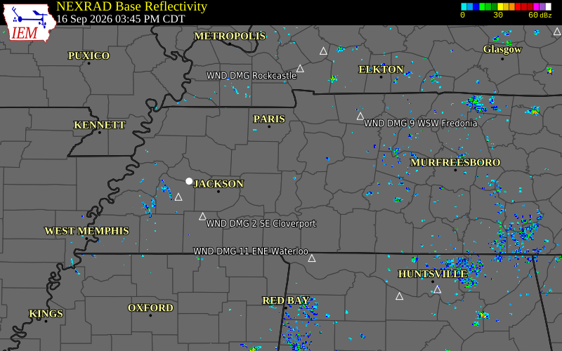 Current NEXRAD radar over Decatur County, Tennessee with recent storm report locations