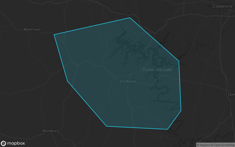 Map of DeKalb County, Tennessee showing the county boundary and surrounding cities