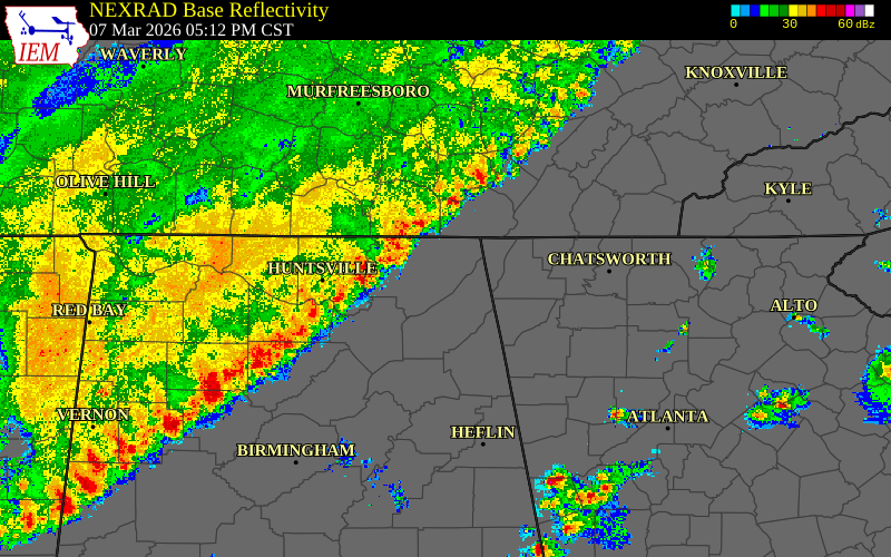 Radar snapshot during the Mar 7, 2026 wind event near DeKalb County, DeKalb County, Tennessee, with NWS warning polygons