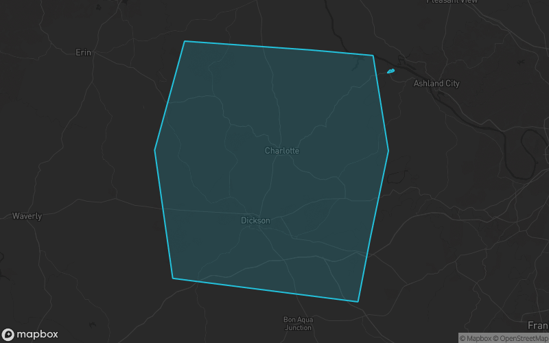 Map of Dickson County, Tennessee showing the county boundary and surrounding cities