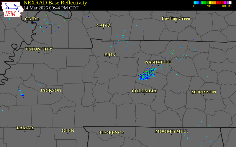 NEXRAD radar during the Saturday, March 14, 2026 storm activity in Dickson County, Tennessee