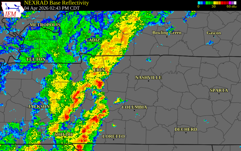 NEXRAD radar during the Saturday, April 4, 2026 storm activity in Dickson County, Tennessee