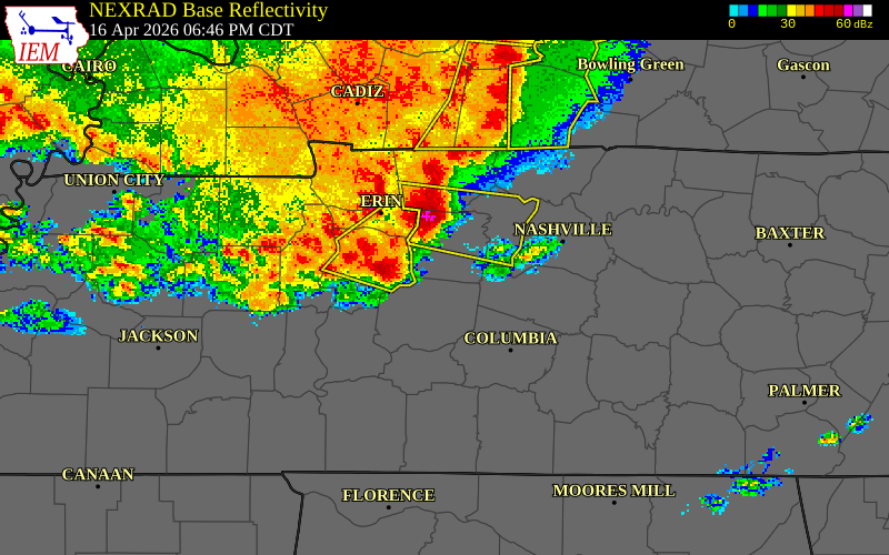 NEXRAD radar during the Thursday, April 16, 2026 storm activity in Dickson County, Tennessee