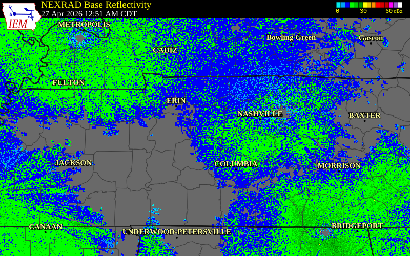 NEXRAD radar during the Monday, April 27, 2026 storm activity in Dickson County, Tennessee