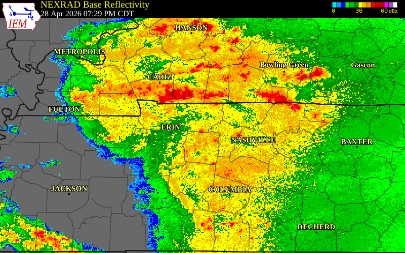 NEXRAD radar during the Tuesday, April 28, 2026 storm activity in Dickson County, Tennessee