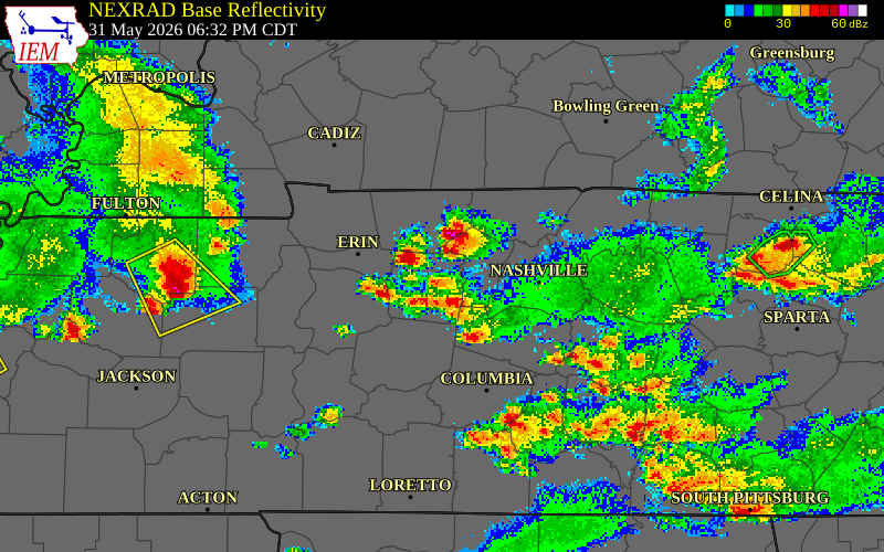 NEXRAD radar during the Sunday, May 31, 2026 storm activity in Dickson County, Tennessee