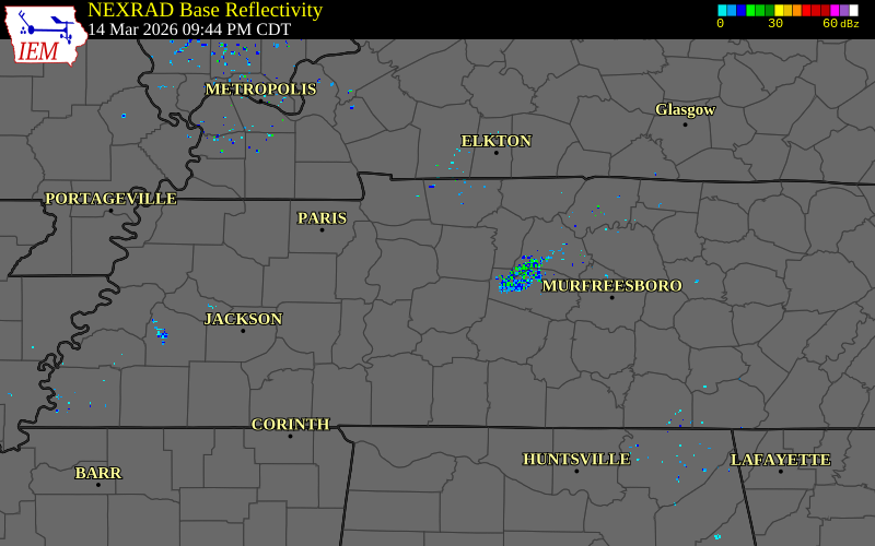 Radar snapshot during the Mar 14, 2026 hail event near 8 SE Mcewen, Dickson County, Tennessee, with NWS warning polygons