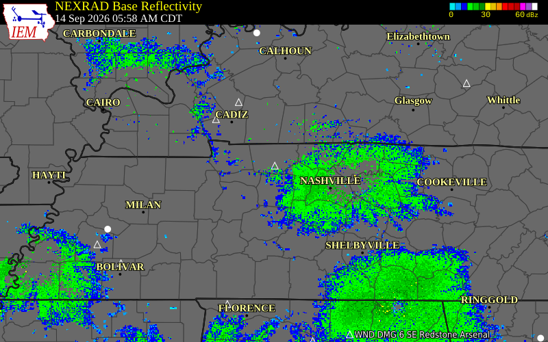 Current NEXRAD radar over Dickson County, Tennessee with recent storm report locations