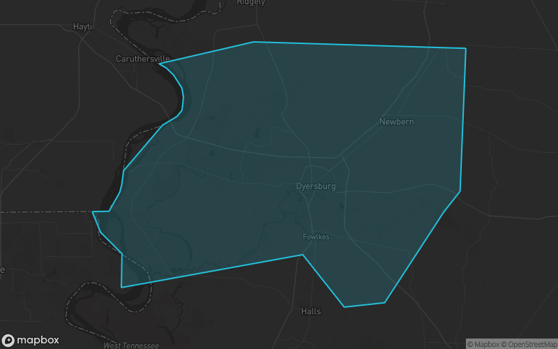 Map of Dyer County, Tennessee showing the county boundary and surrounding cities