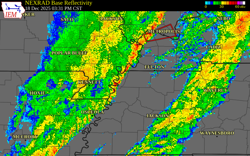 NEXRAD radar during the Thursday, December 18, 2025 storm activity in Dyer County, Tennessee