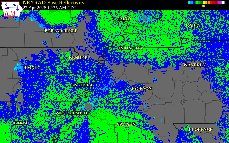 NEXRAD radar during the Monday, April 27, 2026 storm activity in Dyer County, Tennessee