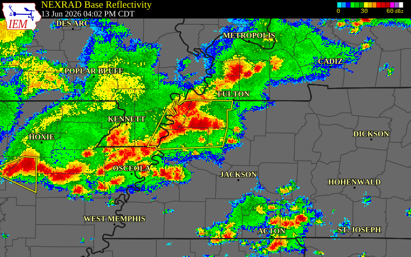 NEXRAD radar during the Saturday, June 13, 2026 storm activity in Dyer County, Tennessee