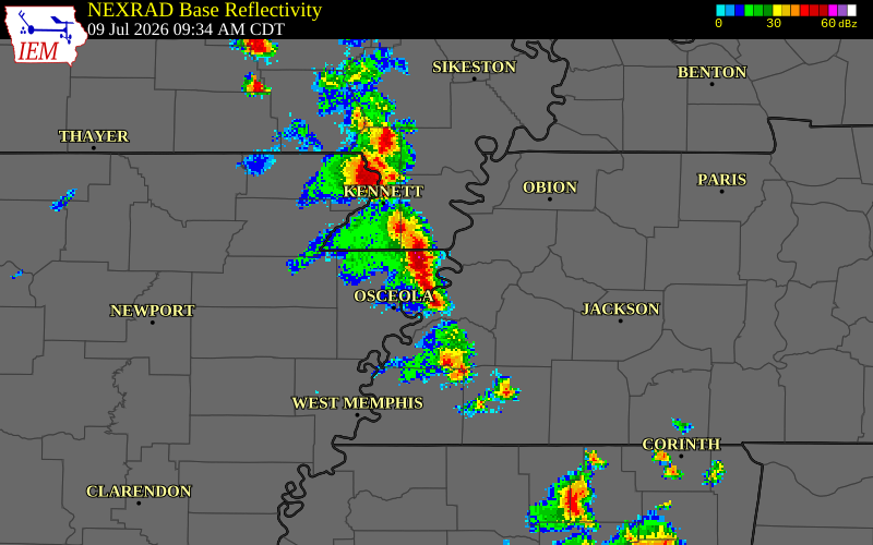 NEXRAD radar during the Thursday, July 9, 2026 storm activity in Dyer County, Tennessee
