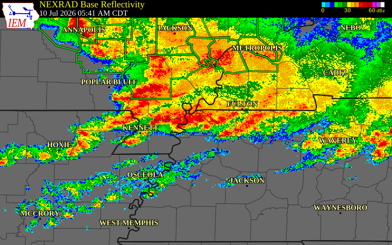 NEXRAD radar during the Friday, July 10, 2026 storm activity in Dyer County, Tennessee