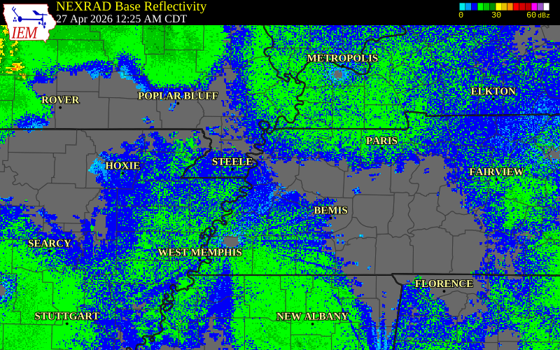 Radar snapshot during the Apr 27, 2026 tornado event near 1 ESE Dyersburg, Dyer County, Tennessee, with NWS warning polygons