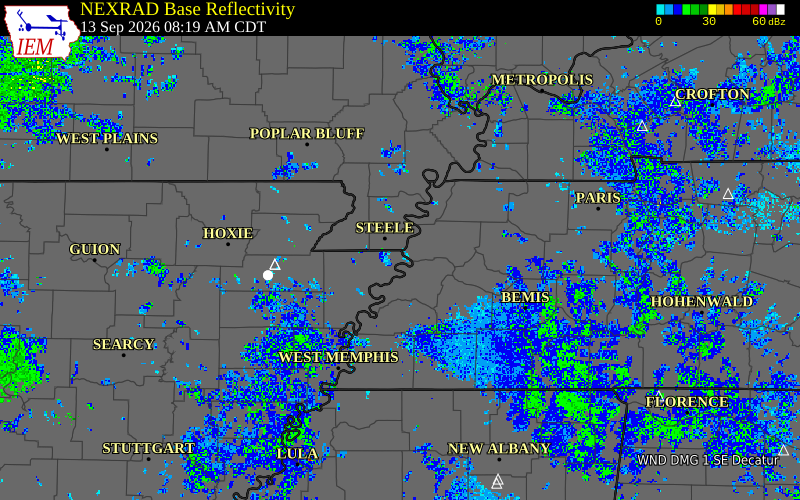 Current NEXRAD radar over Dyer County, Tennessee with recent storm report locations