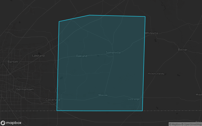 Map of Fayette County, Tennessee showing the county boundary and surrounding cities