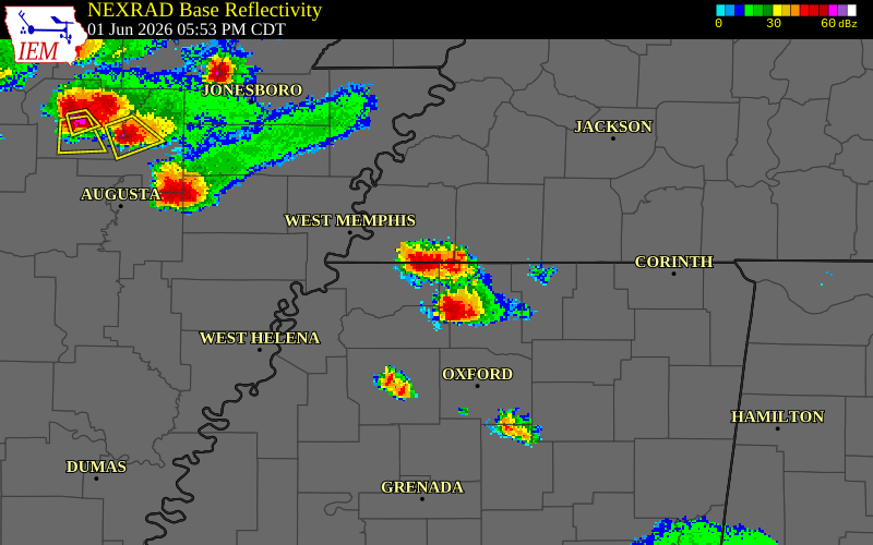 NEXRAD radar during the Monday, June 1, 2026 storm activity in Fayette County, Tennessee
