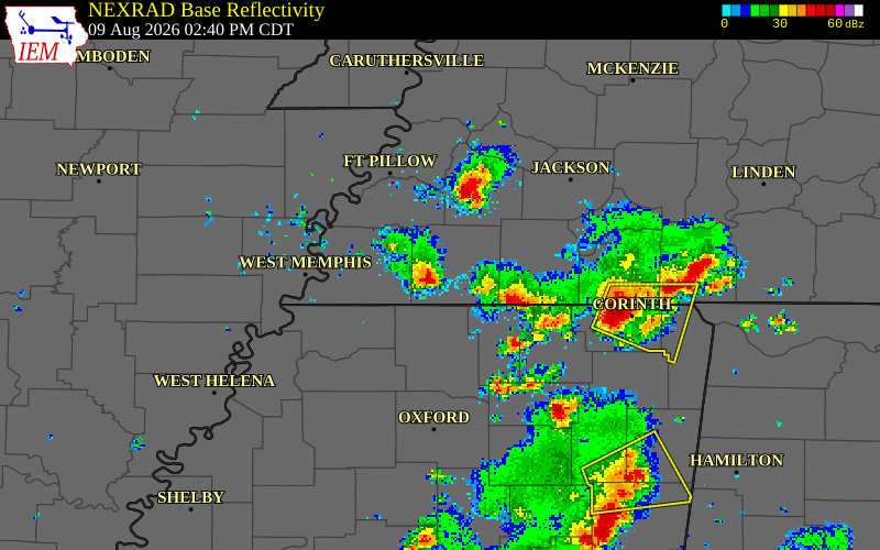 NEXRAD radar during the Sunday, August 9, 2026 storm activity in Fayette County, Tennessee
