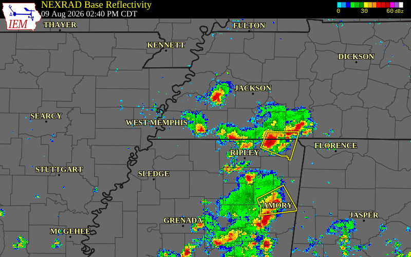 Radar snapshot during the Aug 9, 2026 wind event near Fayette County, Fayette County, Tennessee, with NWS warning polygons