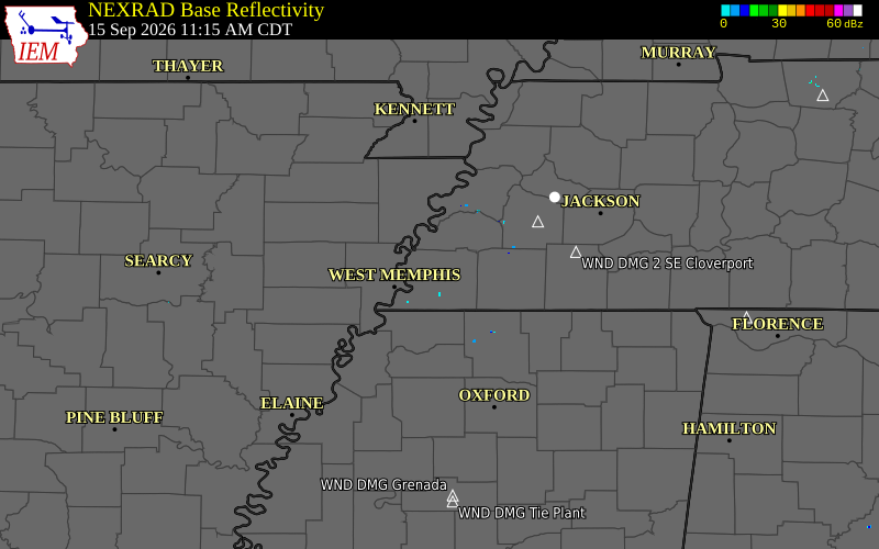 Current NEXRAD radar over Fayette County, Tennessee with recent storm report locations