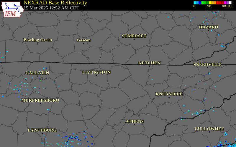 NEXRAD radar during the Sunday, March 15, 2026 storm activity in Fentress County, Tennessee