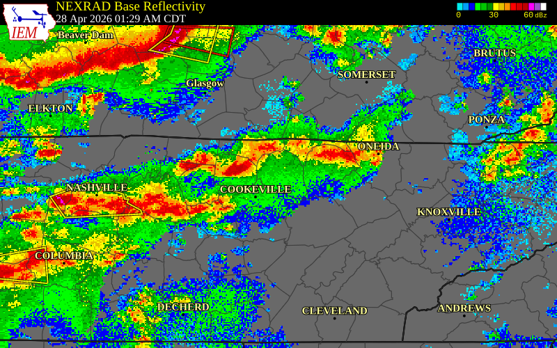NEXRAD radar during the Tuesday, April 28, 2026 storm activity in Fentress County, Tennessee