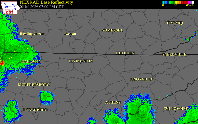 NEXRAD radar during the Thursday, July 2, 2026 storm activity in Fentress County, Tennessee