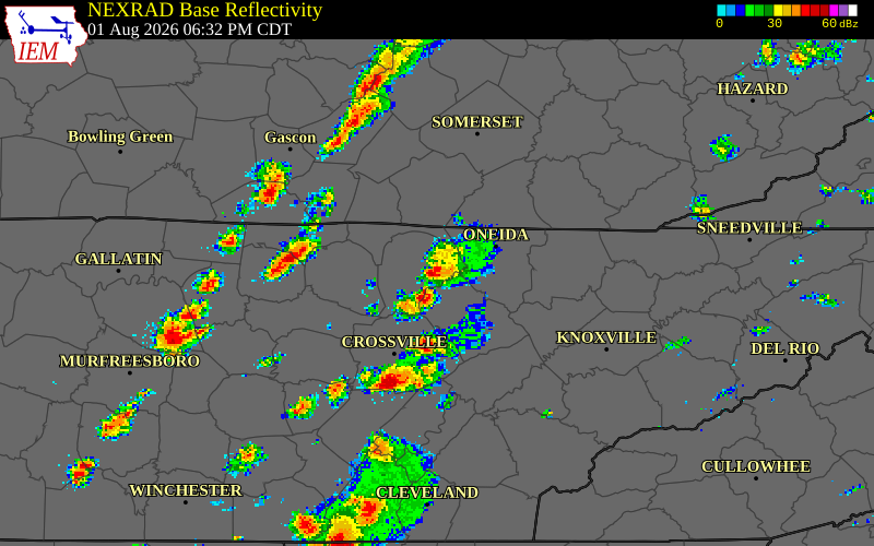 NEXRAD radar during the Saturday, August 1, 2026 storm activity in Fentress County, Tennessee