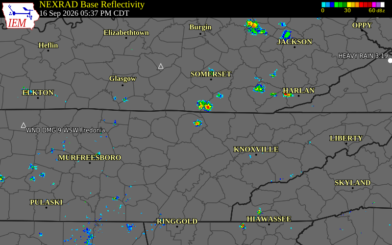 Current NEXRAD radar over Fentress County, Tennessee with recent storm report locations