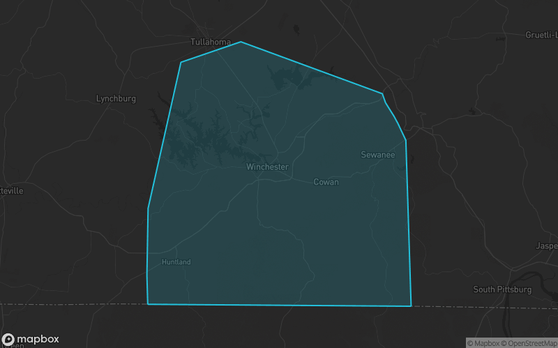 Map of Franklin County, Tennessee showing the county boundary and surrounding cities