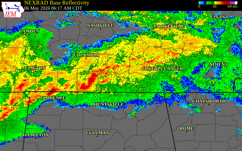NEXRAD radar during the Wednesday, May 6, 2026 storm activity in Franklin County, Tennessee