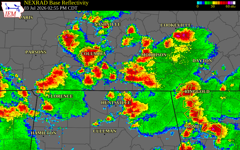NEXRAD radar during the Friday, July 3, 2026 storm activity in Franklin County, Tennessee