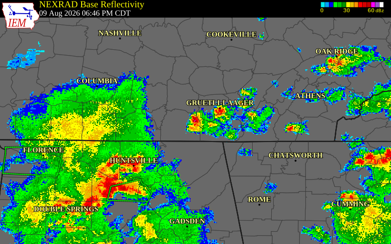 NEXRAD radar during the Sunday, August 9, 2026 storm activity in Franklin County, Tennessee