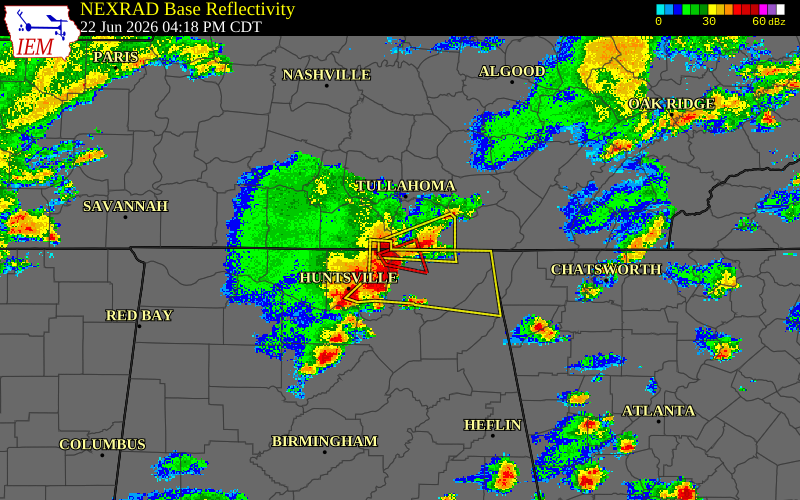 Radar snapshot during the Jun 22, 2026 tornado event near 4 S Huntland, Franklin County, Tennessee, with NWS warning polygons