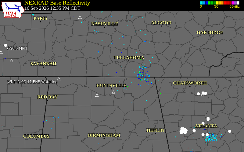 Current NEXRAD radar over Franklin County, Tennessee with recent storm report locations