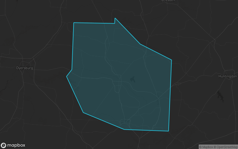 Map of Gibson County, Tennessee showing the county boundary and surrounding cities