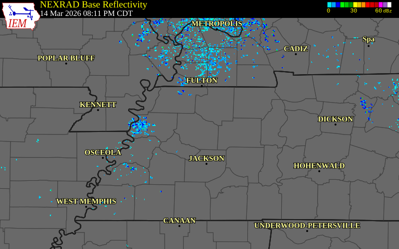 NEXRAD radar during the Saturday, March 14, 2026 storm activity in Gibson County, Tennessee