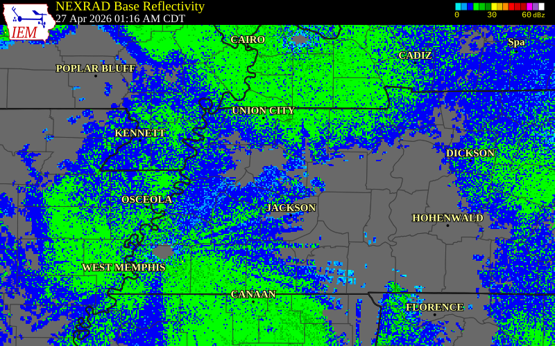 NEXRAD radar during the Monday, April 27, 2026 storm activity in Gibson County, Tennessee