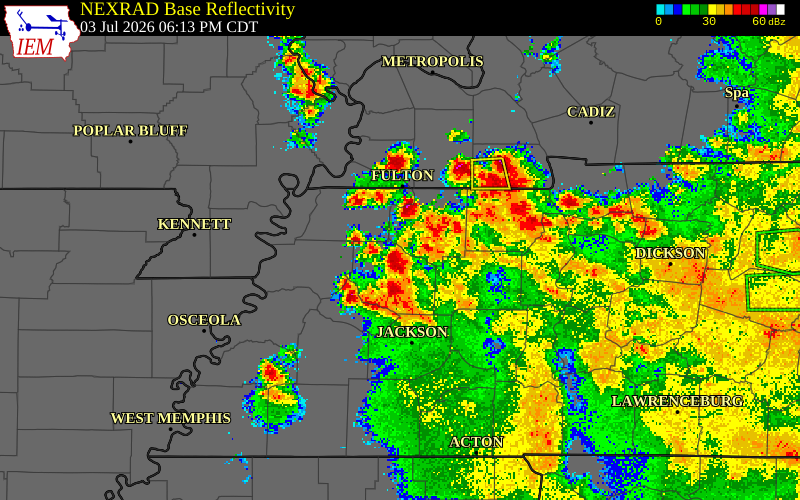NEXRAD radar during the Friday, July 3, 2026 storm activity in Gibson County, Tennessee