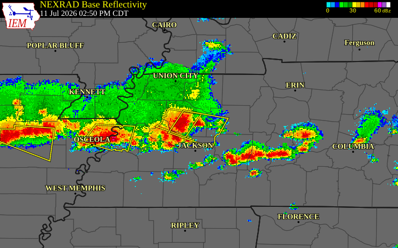 NEXRAD radar during the Saturday, July 11, 2026 storm activity in Gibson County, Tennessee