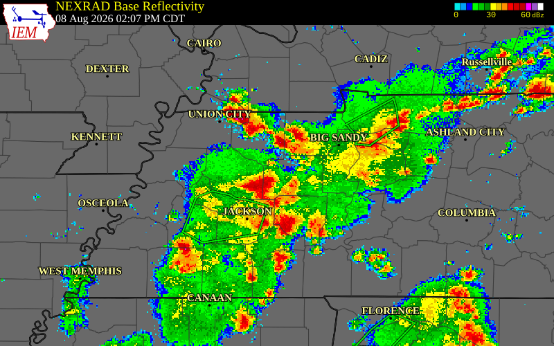 NEXRAD radar during the Saturday, August 8, 2026 storm activity in Gibson County, Tennessee