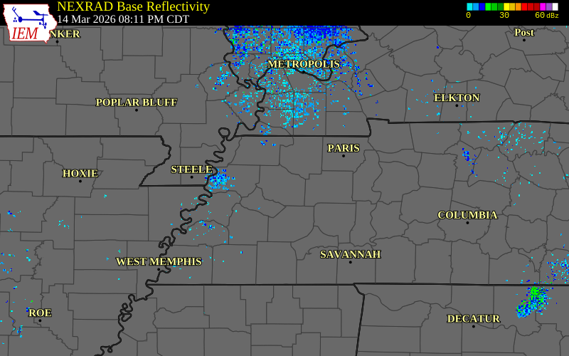 Radar snapshot during the Mar 14, 2026 wind event near 5 E Dyer, Gibson County, Tennessee, with NWS warning polygons